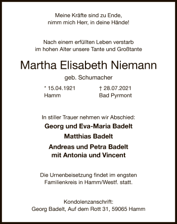 Todesanzeige von Martha Elisabeth Niemann von WA