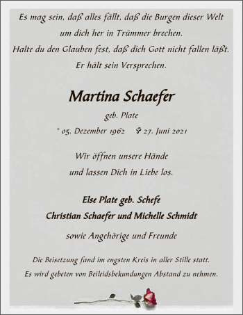 Todesanzeige von Martina Schaefer von WA