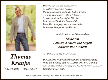 Todesanzeige von Thomas Krauße von WA