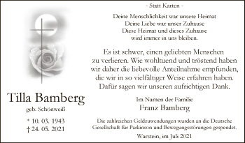 Todesanzeige von Tilla Bamberg von WA