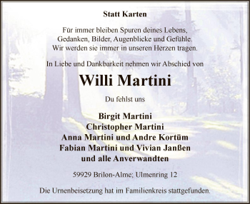 Todesanzeige von Willi Martini von WA