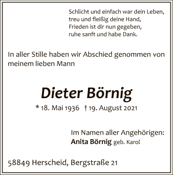 Todesanzeige von Dieter Börnig von WA