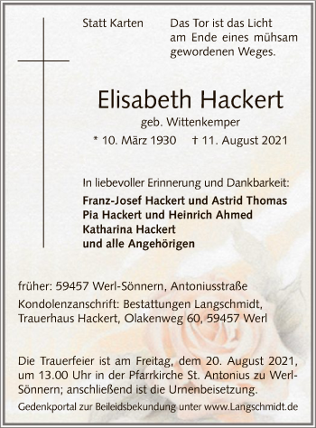 Todesanzeige von Elisabeth Hackert von WA