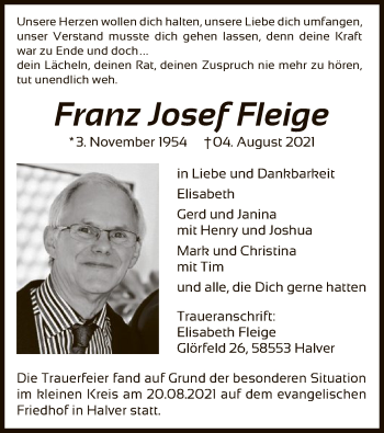 Todesanzeige von Franz Josef Fleige von WA