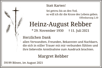 Todesanzeige von Heinz-August Rebber von WA