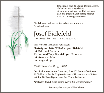 Todesanzeige von Josef Bielefeld von WA