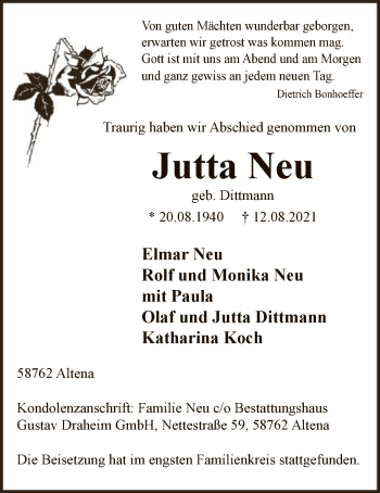 Todesanzeige von Jutta Neu von WA