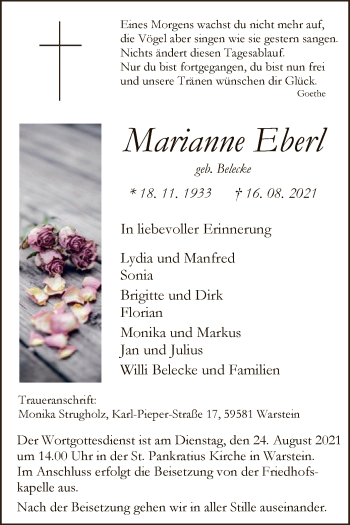Todesanzeige von Marianne Eberl von WA