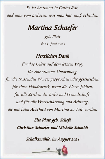 Todesanzeige von Martina Schaefer von WA