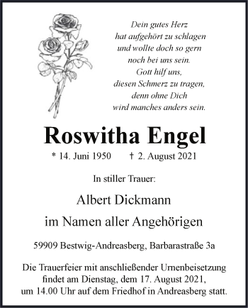 Todesanzeige von Roswitha Engel von WA