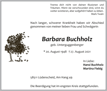 Todesanzeige von Barbara Buchholz von WA