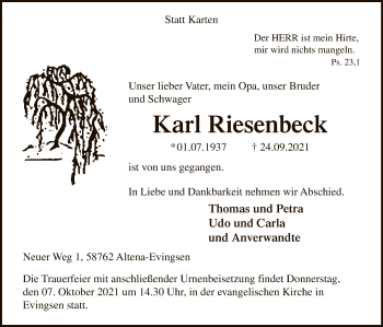 Todesanzeige von Karl Riesenbeck von WA
