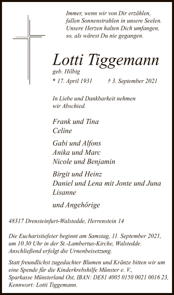 Todesanzeige von Lotti Tiggemann von WA