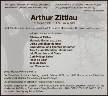 Todesanzeige von Arthur Zittlau von WA