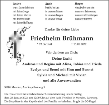 Todesanzeige von Friedhelm Brühmann von WA