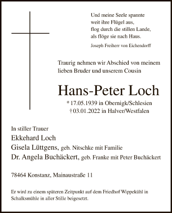 Todesanzeige von Hans-Peter Loch von WA