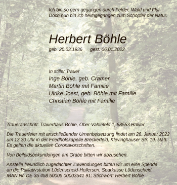 Todesanzeige von Herbert Böhle von WA