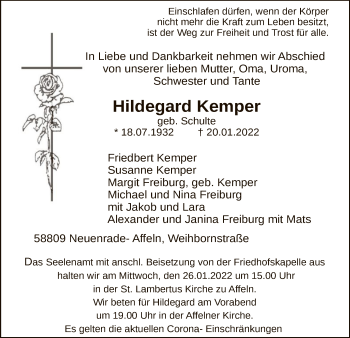 Todesanzeige von Hildegard Kemper von WA