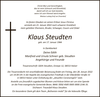 Todesanzeige von Klaus Steudten von WA