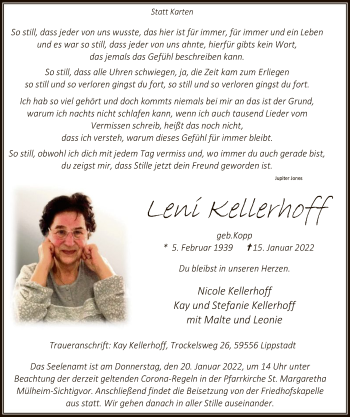Todesanzeige von Leni Kellerhoff von WA