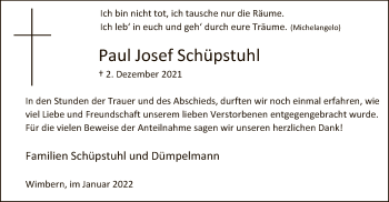 Todesanzeige von Paul Josef Schüpstuhl von WA