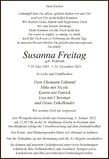 Todesanzeige von Susanna Freitag von WA