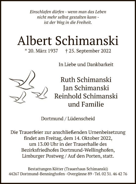 Todesanzeige von Albert Schimanski von WA