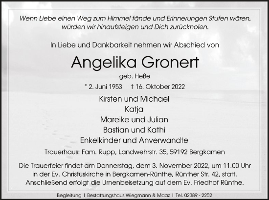 Todesanzeige von Angelika Gronert von WA