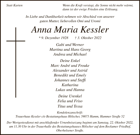 Todesanzeige von Anna Maria Kessler von WA