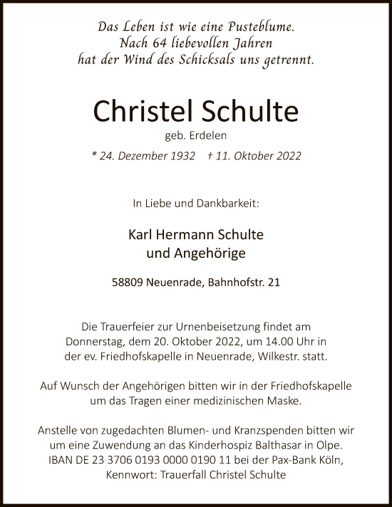 Todesanzeige von Christel Schulte von WA