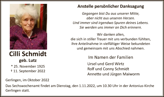 Todesanzeige von Cilli Schmidt von WA