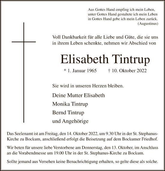 Todesanzeige von Elisabeth Tintrup von WA