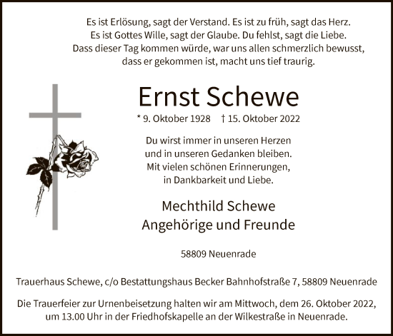 Todesanzeige von Ernst Schewe von WA