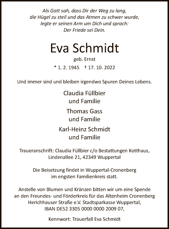 Todesanzeige von Eva Schmidt von WA
