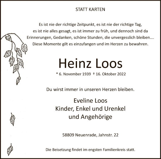 Todesanzeige von Heinz Loos von WA