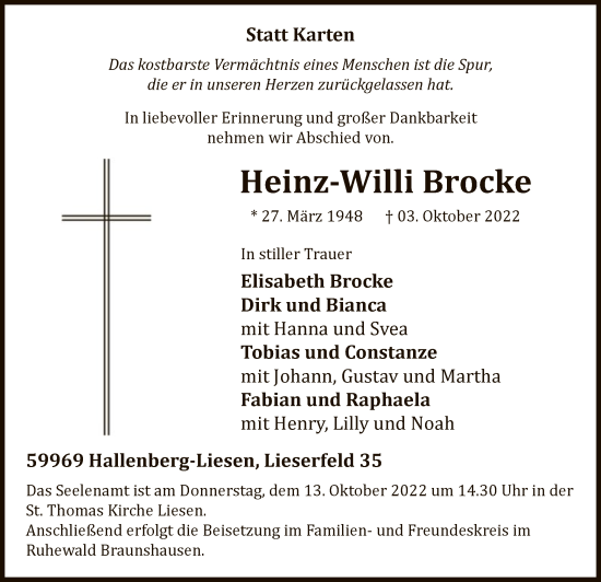 Todesanzeige von Heinz-Willi Brocke von WA