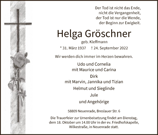 Todesanzeige von Helga Gröschner von WA