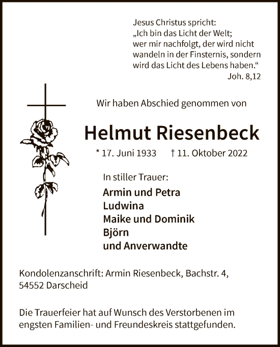 Todesanzeige von Helmut Riesenbeck von WA