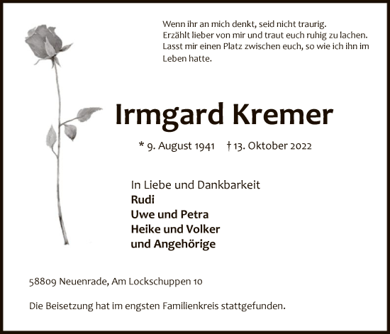 Todesanzeige von Irmgard Kremer von WA