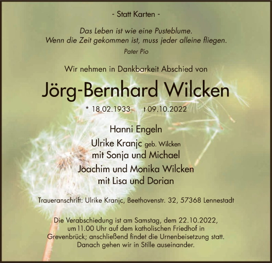Todesanzeige von Jörg-Bernhard Wilcken von WA