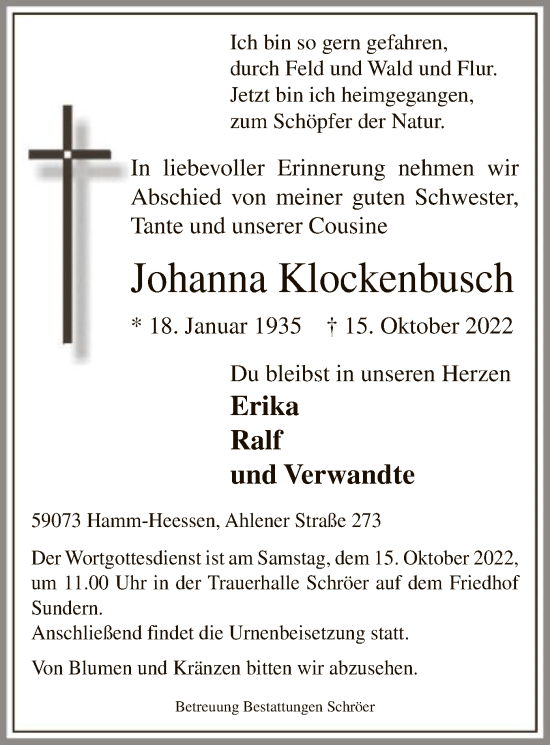 Todesanzeige von Johanna Klockenbusch von WA