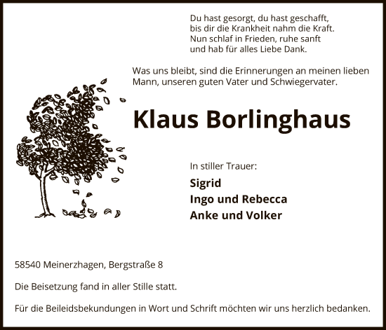 Todesanzeige von Klaus Borlinghaus von WA