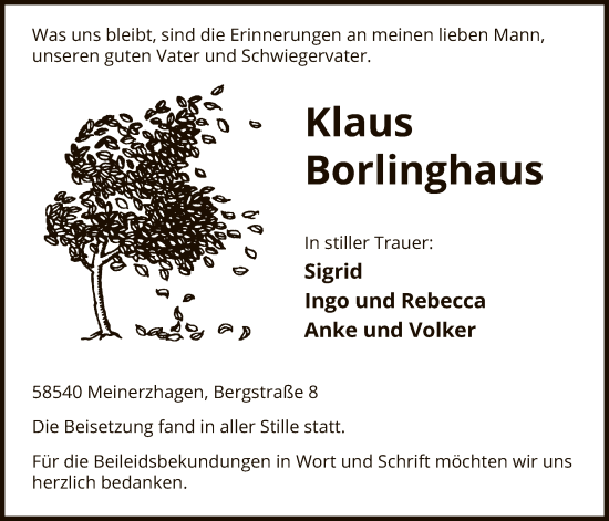 Todesanzeige von Klaus Borlinghaus von WA