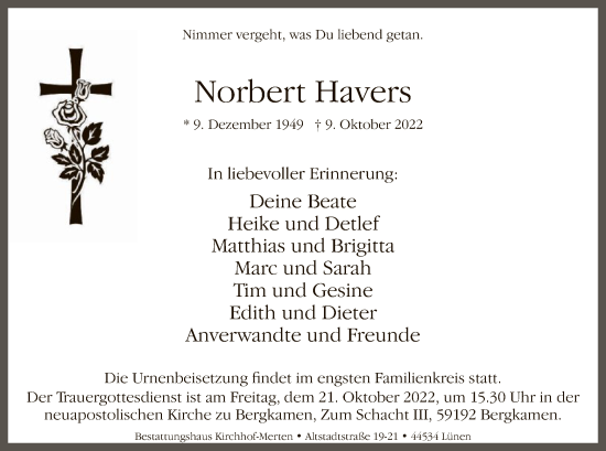 Todesanzeige von Norbert Havers von WA