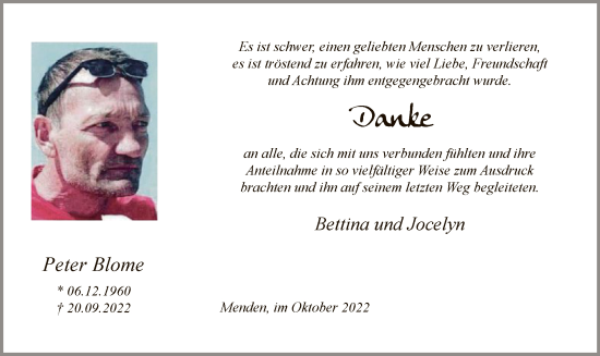 Todesanzeige von Peter Blome von WA