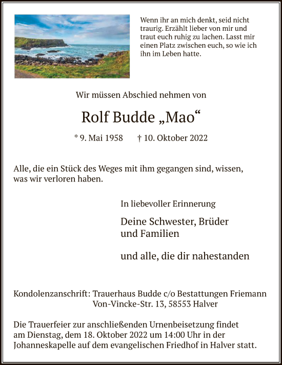 Todesanzeige von Rolf Budde von WA