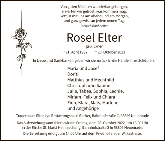 Todesanzeige von Rosel Elter von WA