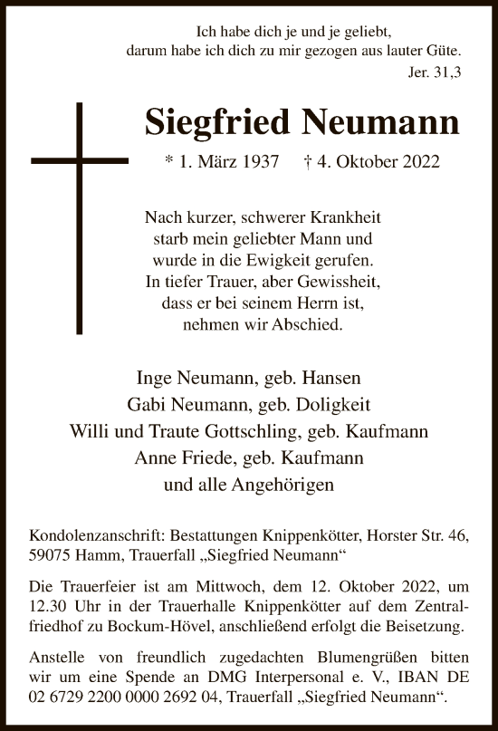 Todesanzeige von Siegfried Neumann von WA