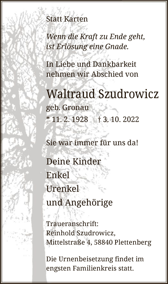 Todesanzeige von Waltraud Szudrowicz von WA