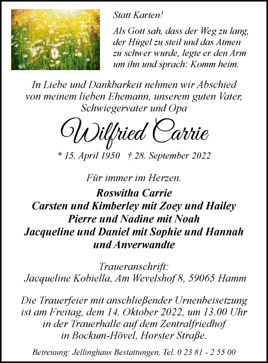 Todesanzeige von Wilfried Carrie von WA